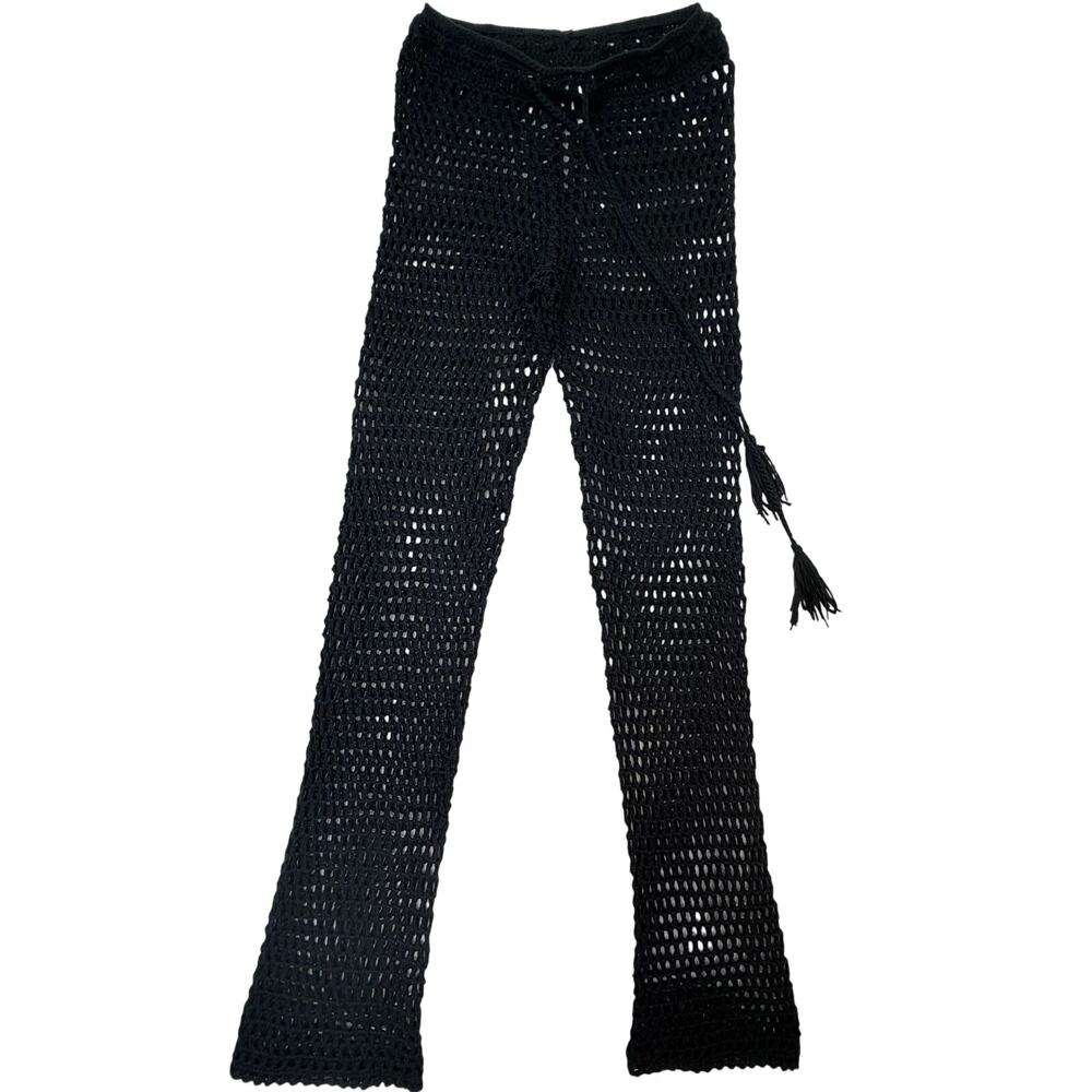 Black Crochet Knit Mesh Cover Up Beach Pants Tie Waist Sheer Flare Boho XS-S